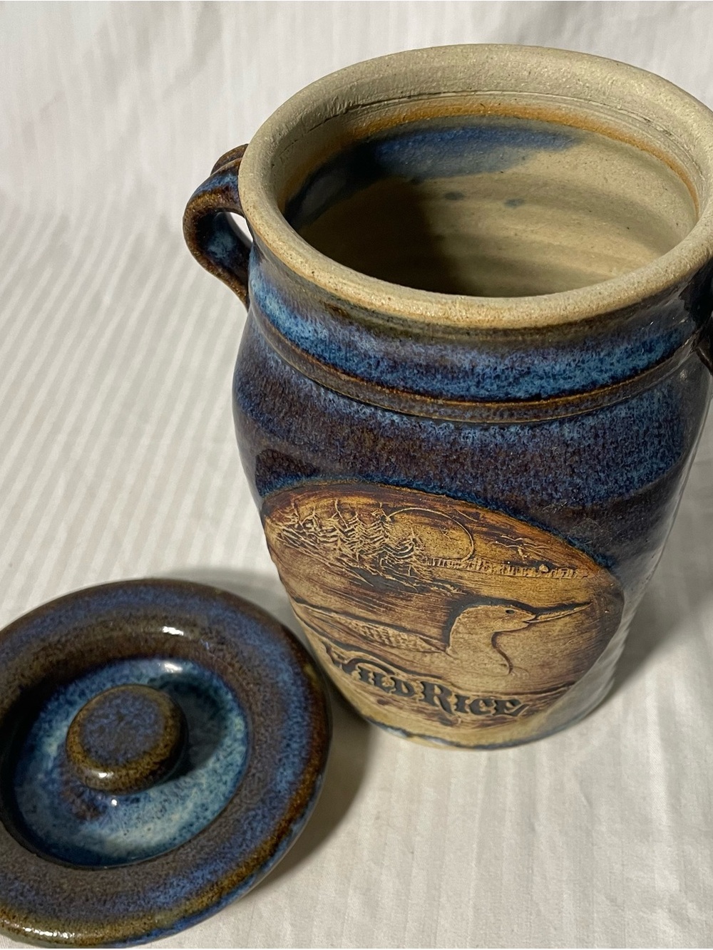 Handcrafted Blue Ceramic Lidded Jar with Wetland Motif